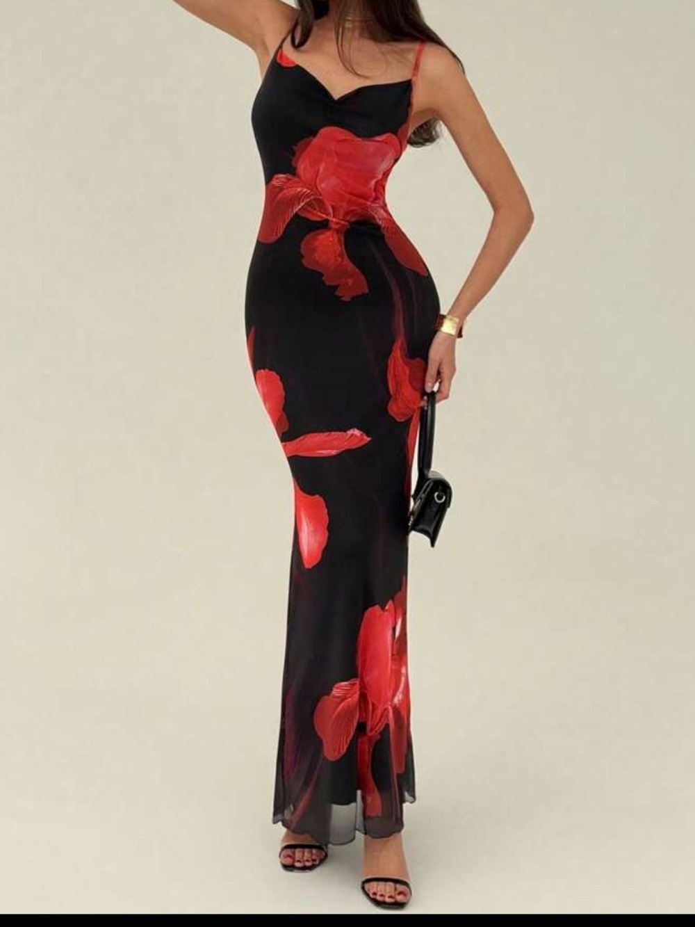Beautiful SHEIN by Aloruh Black Maxi Dress with Red Floral Print